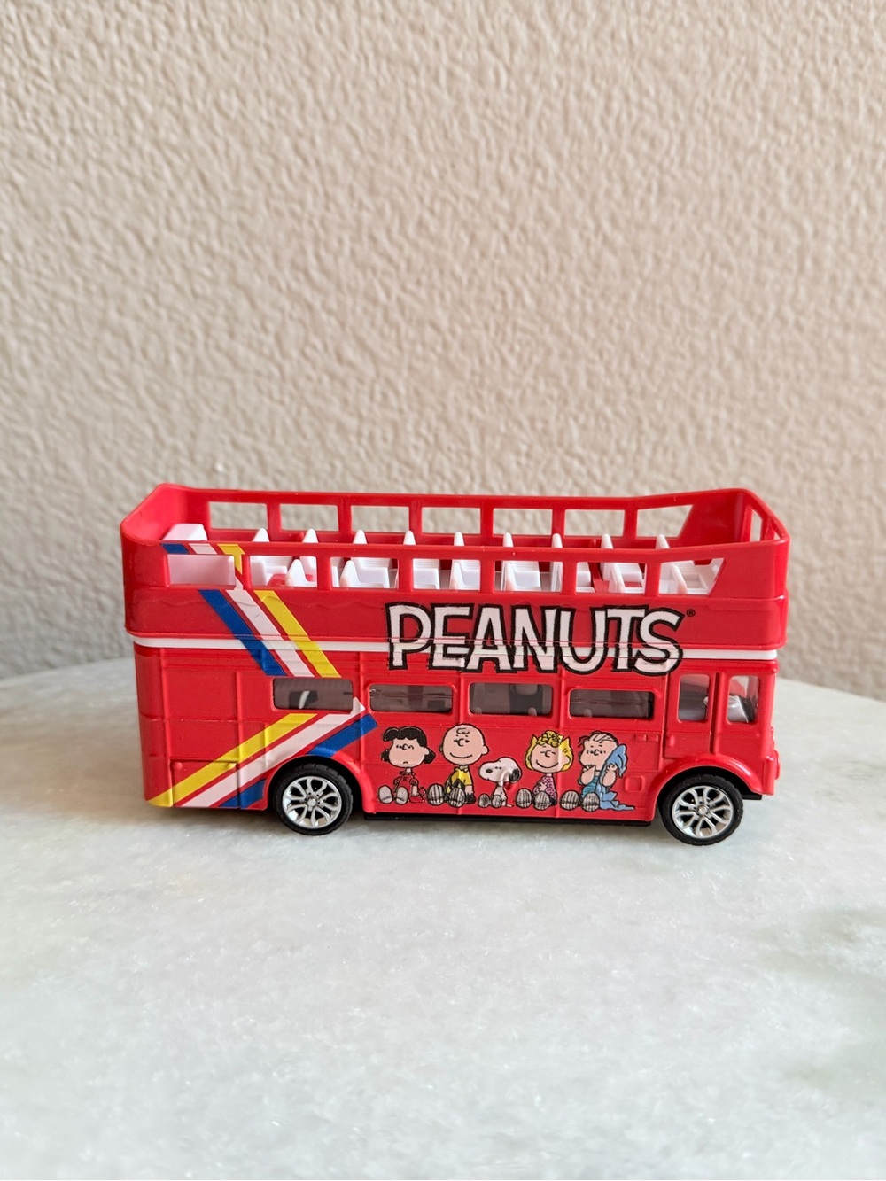 Peanuts Red Double-Decker Bus Toy with Character Graphics pull back